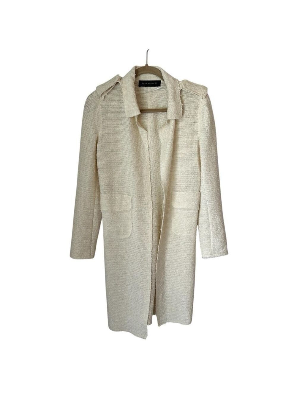 Zara Woman S Small Cotton Duster, Creamy White, Epaulettes, Unfinished Edging